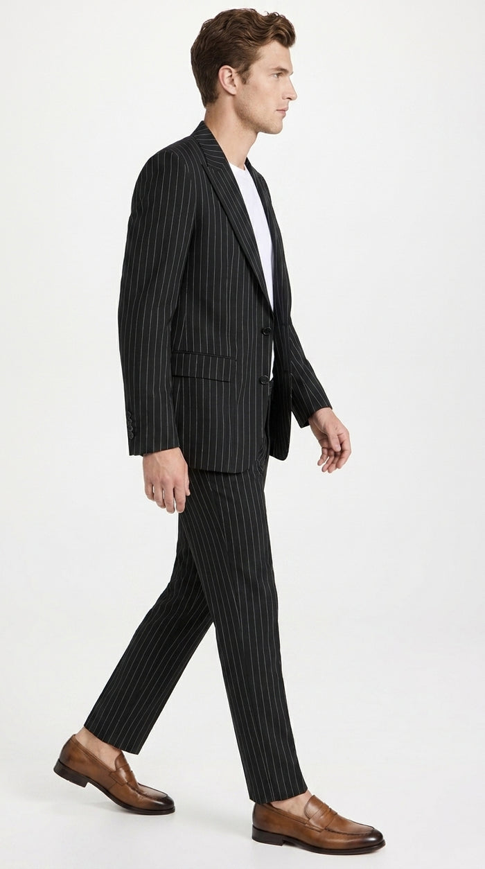 Men’s Black Pinstripe 2-Piece Tuxedo Suit – Two-Button Jacket and Matching Formal Pants