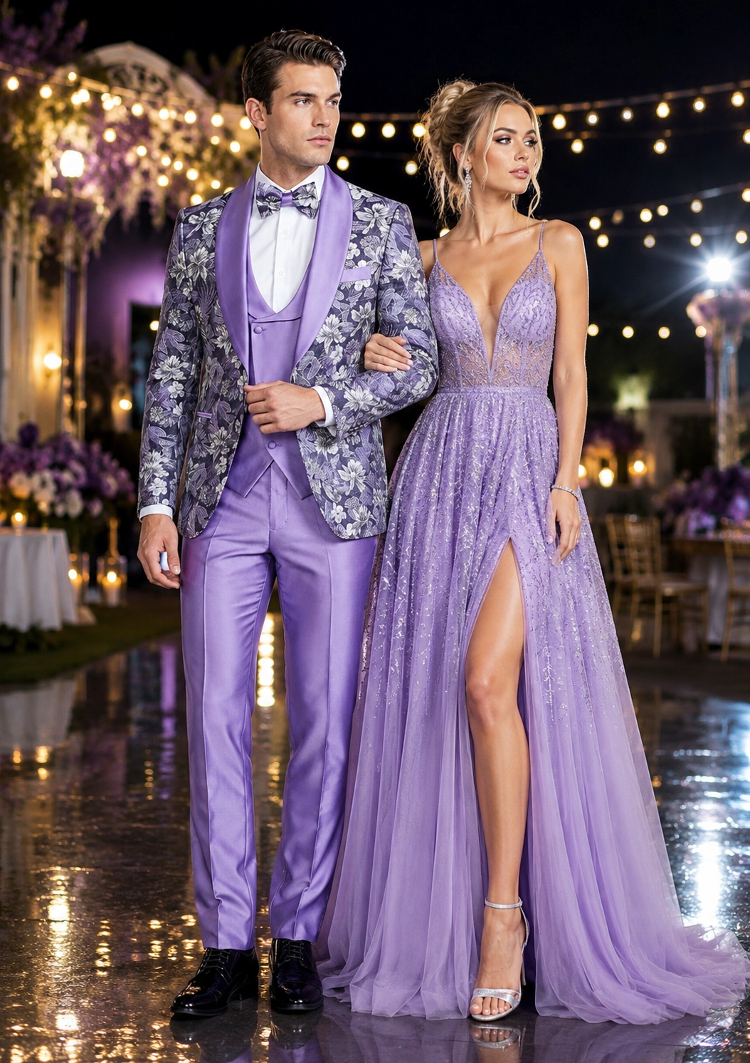 Men’s Lilac Lavender Prom Suit – Floral Shawl Lapel 3 Piece Tuxedo with Matching Vest and Pants - 34 Short or Extra Small
