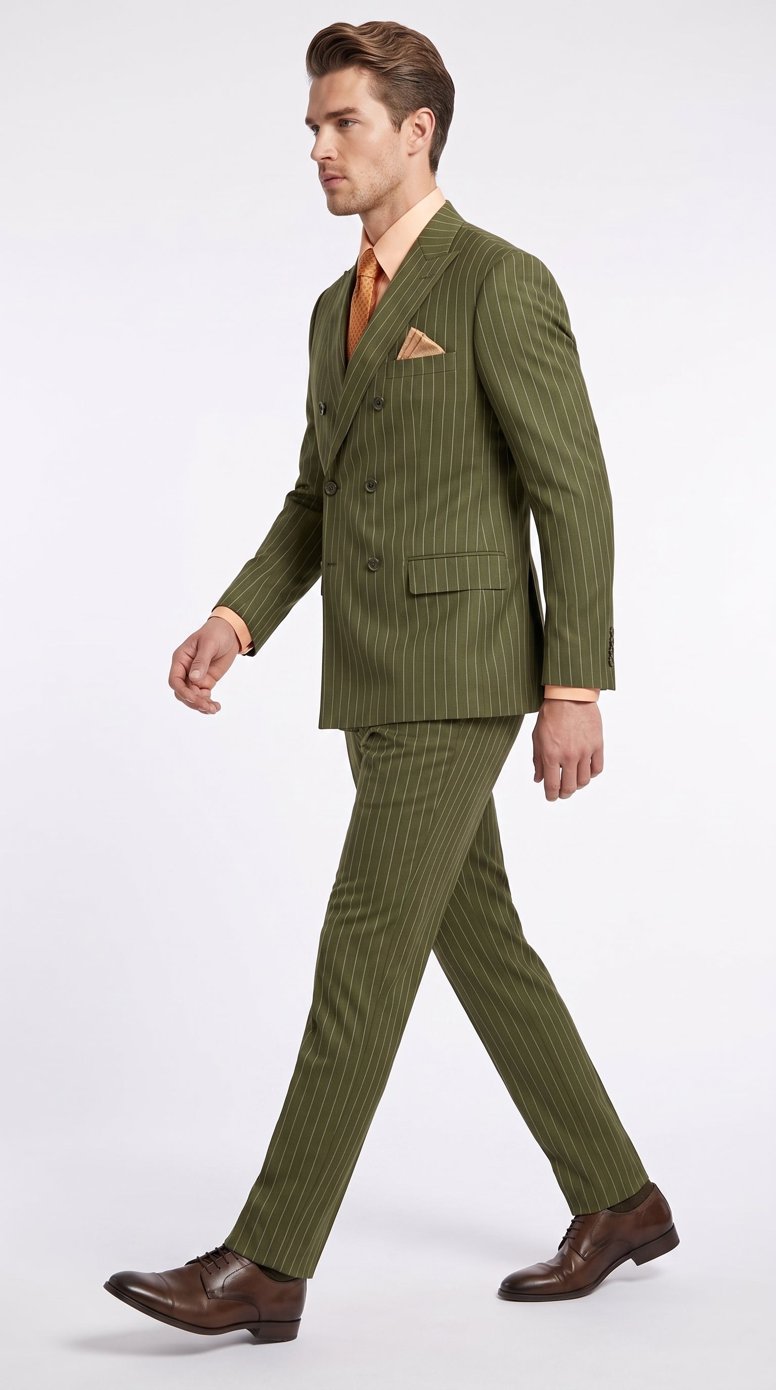 Men’s Olive Green Pinstripe Double-Breasted Suit – Classic Wedding, Business and Formal Suit - 34 Short or Extra Small