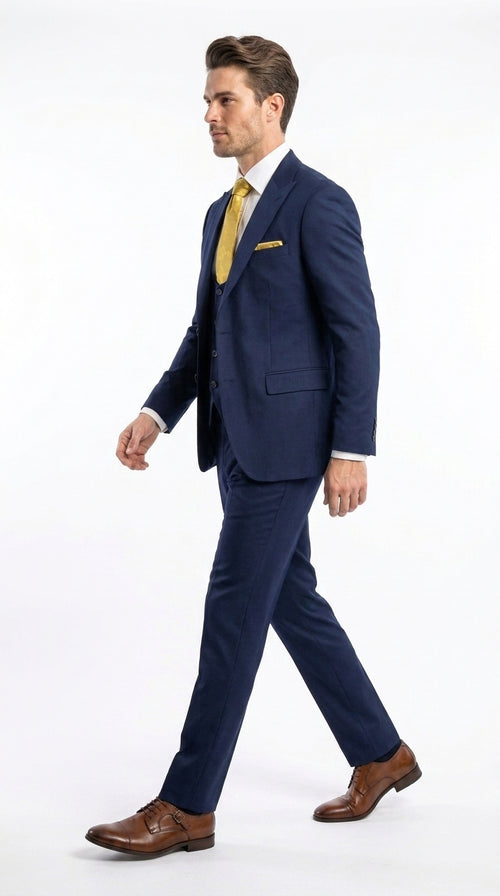 Mens Vitali 3 Piece Suit W/Scoop Vest Navy Blue 3-Piece Suit – Big Peak Lapel  Vest and Pants  Modern Fit Two Buttons