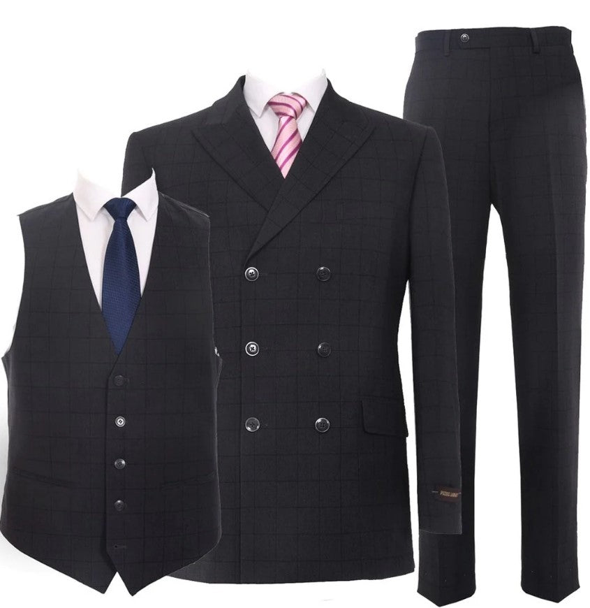 Mens Windowpane Plaid Double Breasted 6 Buttons 3-piece Classic Fit Suit Black