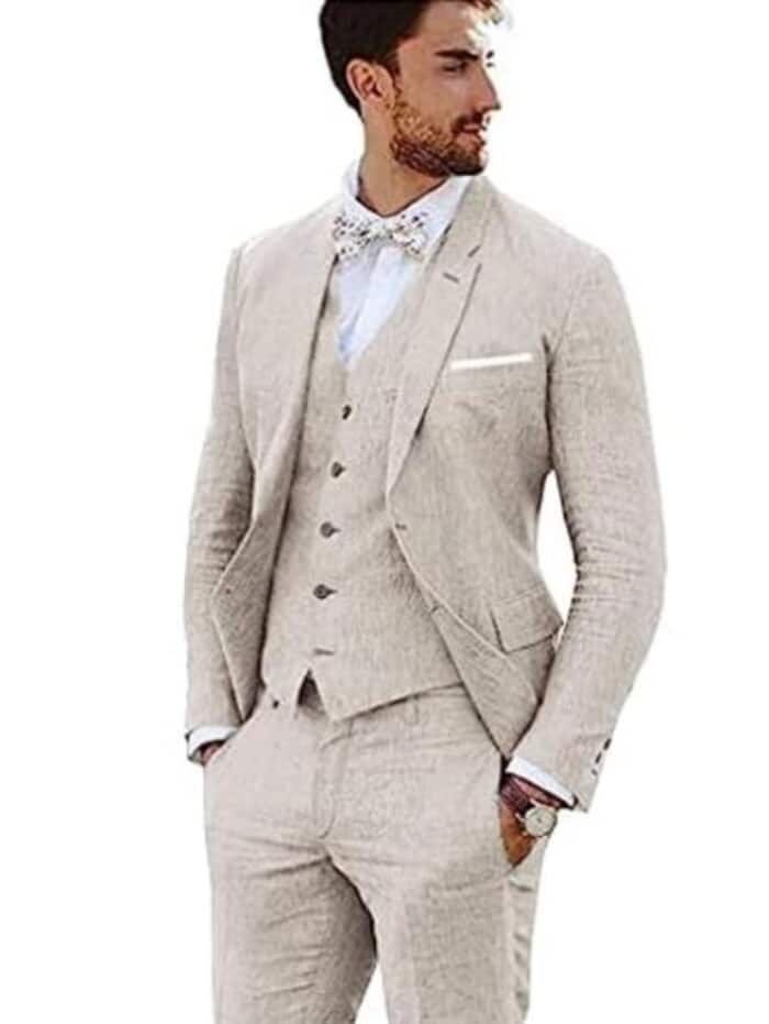 Mens Big and Tall Linen Suits -  Beige Single Breasted Summer Fabric Suit