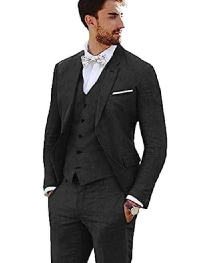 Mens Big and Tall Linen Suits -   Black Notch Lapel Summer Fabric Suit