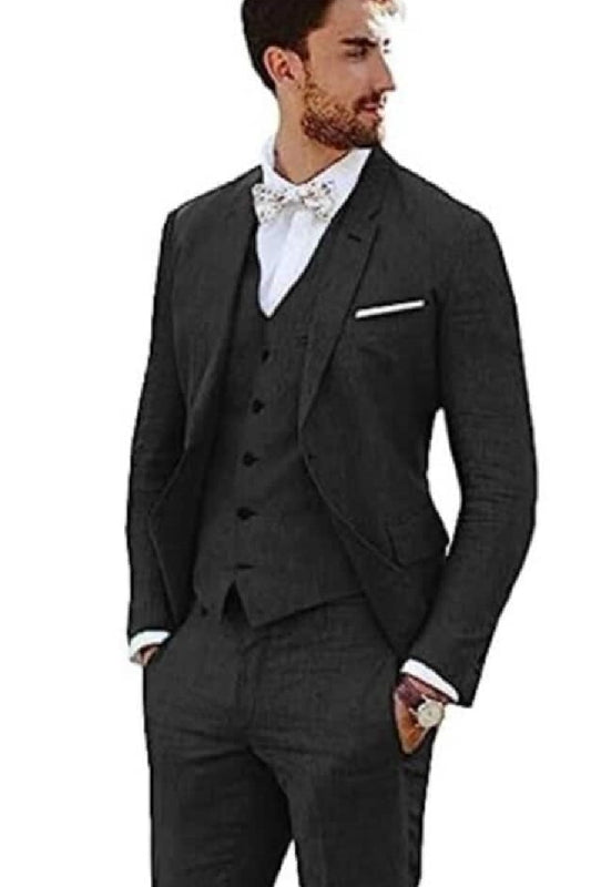 Mens Big and Tall Linen Suits -   Black Notch Lapel Summer Fabric Suit