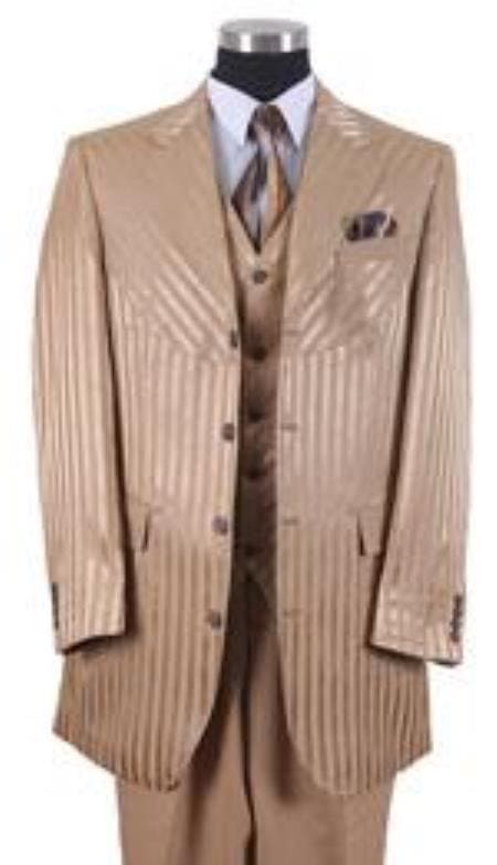 3 Piece Pinstripe Vested Milano Suits - Shiny Sharkskin Shadow Stripe - 36 Short