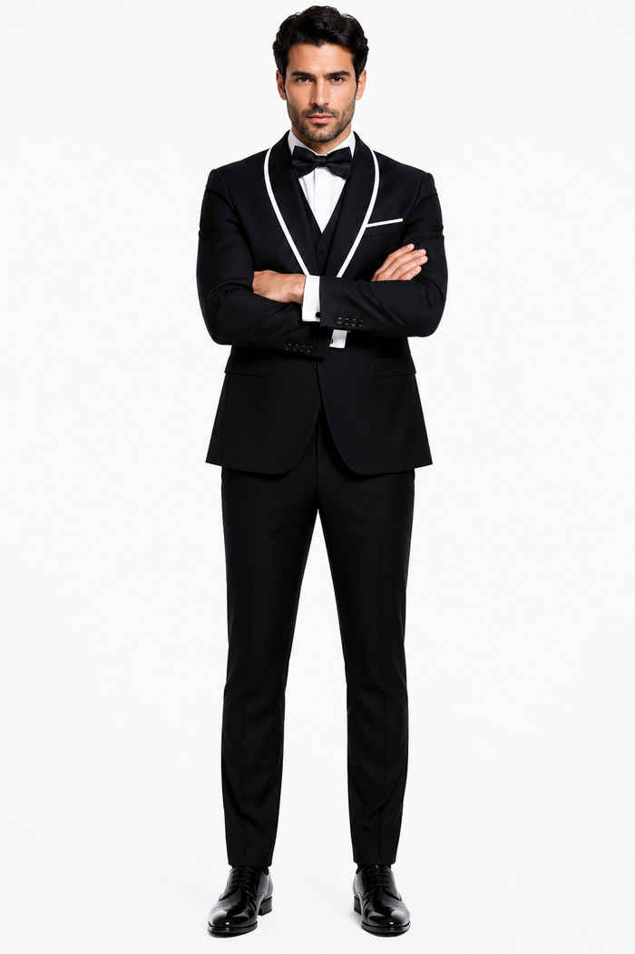 3-Piece Tailored Fit Wool Suit with Bow Tie and Flat Front Pants - Black