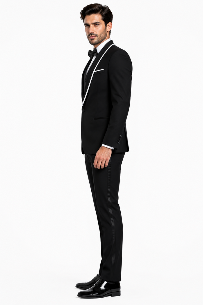 3-Piece Tailored Fit Wool Suit with Bow Tie and Flat Front Pants - Black