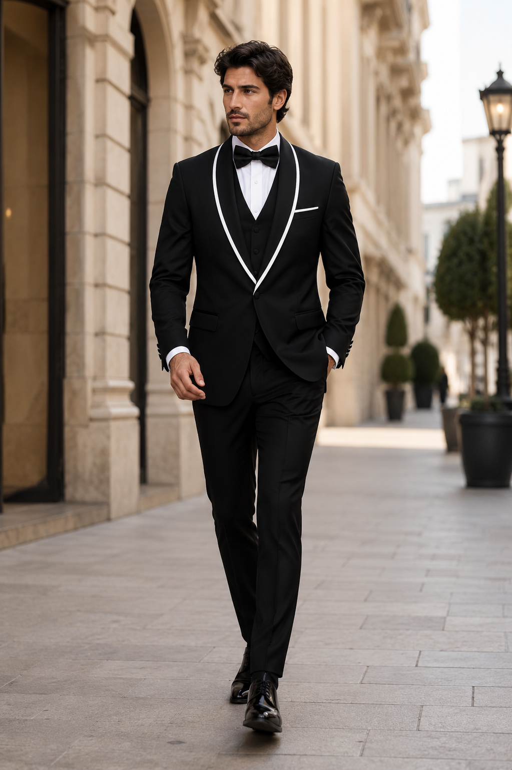 3-Piece Tailored Fit Wool Suit with Bow Tie and Flat Front Pants - Black