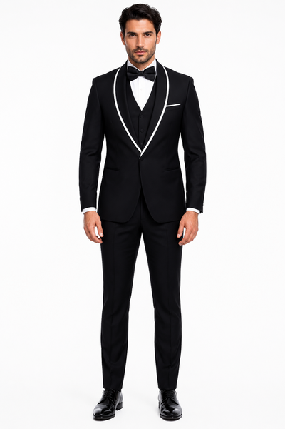 3-Piece Tailored Fit Wool Suit with Bow Tie and Flat Front Pants - Black