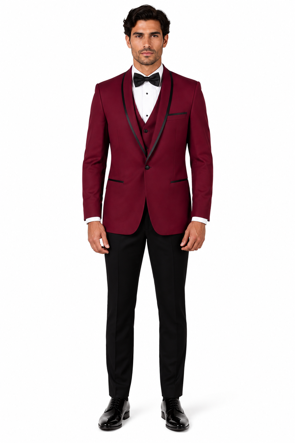 3-Piece Tailored Fit Wool Suit with Bow Tie and Flat Front Pants - Burgundy