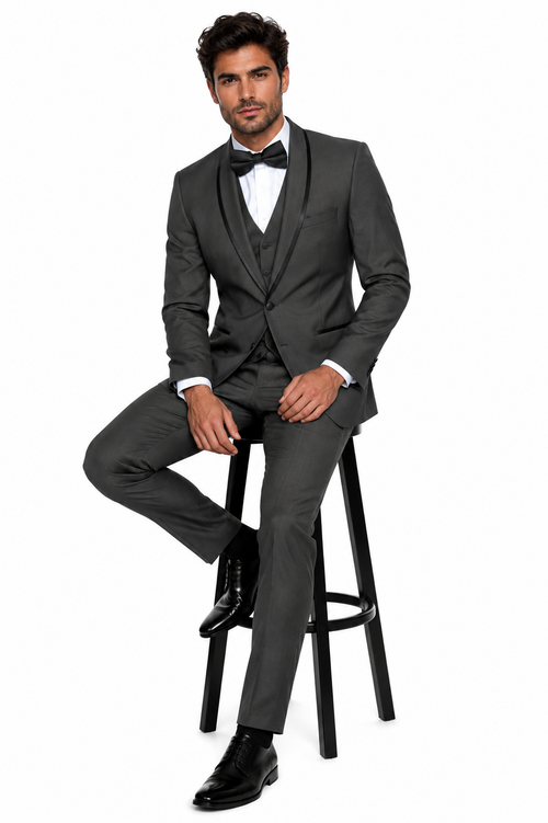 3-Piece Tailored Fit Wool Suit with Bow Tie and Flat Front Pants - Charcoal