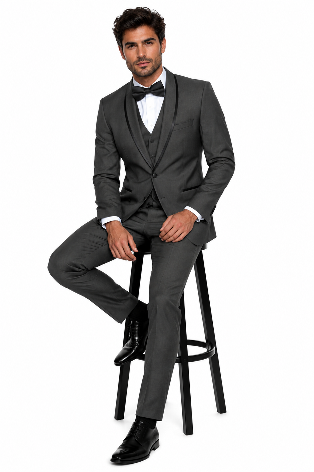 3-Piece Tailored Fit Wool Suit with Bow Tie and Flat Front Pants - Charcoal