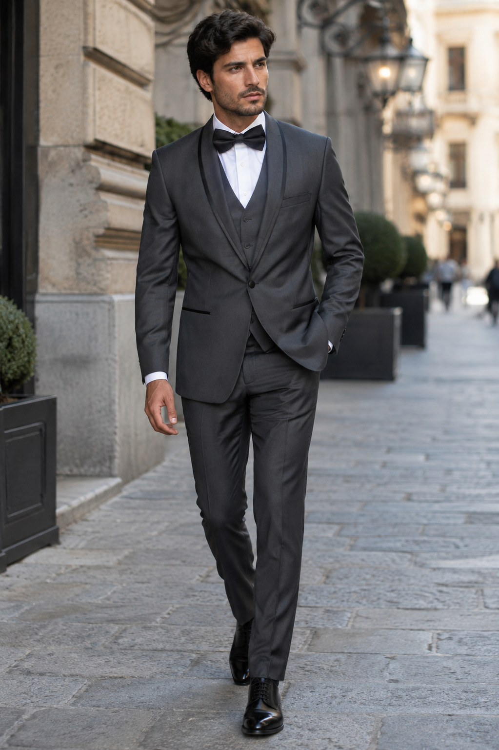 3-Piece Tailored Fit Wool Suit with Bow Tie and Flat Front Pants - Charcoal