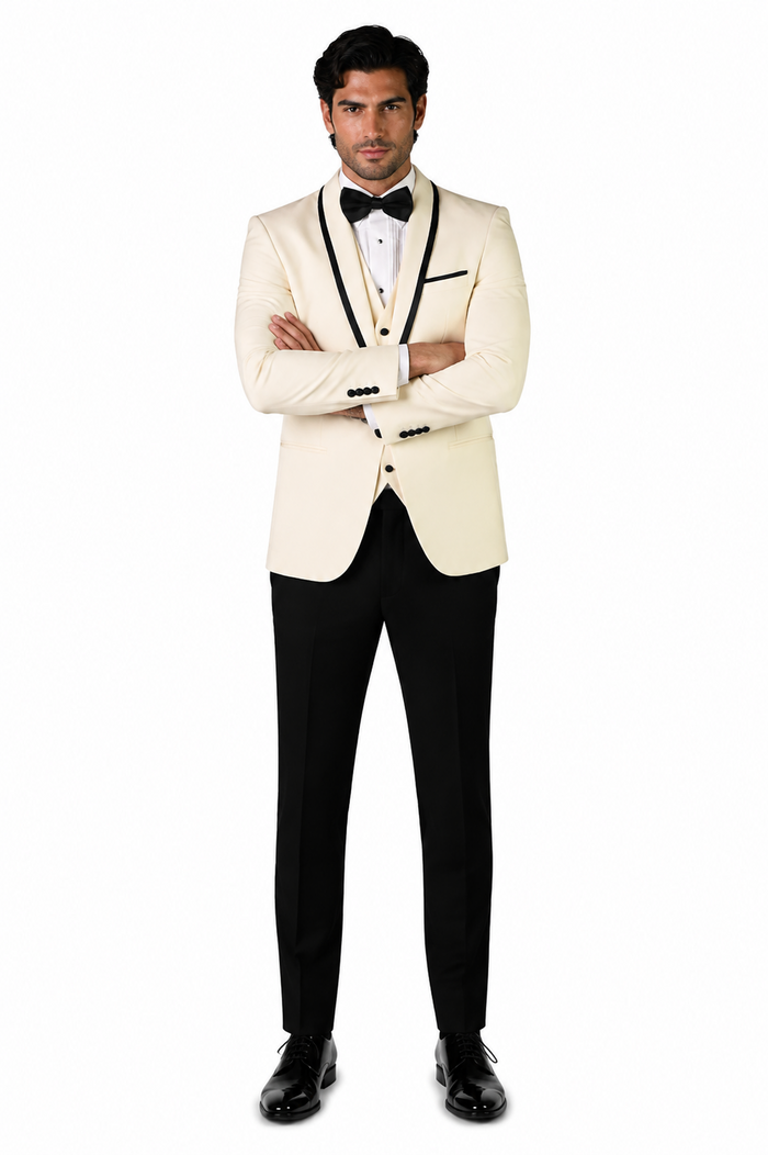 3-Piece Tailored Fit Wool Suit with Bow Tie and Flat Front Pants - Off White