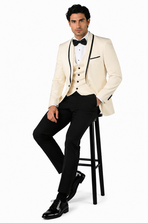 3-Piece Tailored Fit Wool Suit with Bow Tie and Flat Front Pants - Off White