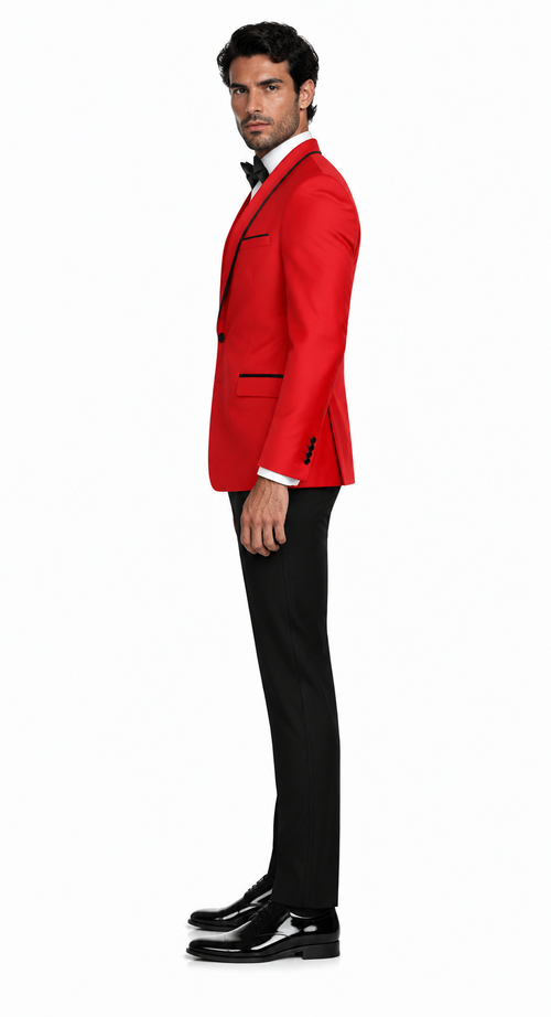 3-Piece Tailored Fit Wool Suit with Bow Tie and Flat Front Pants - Red