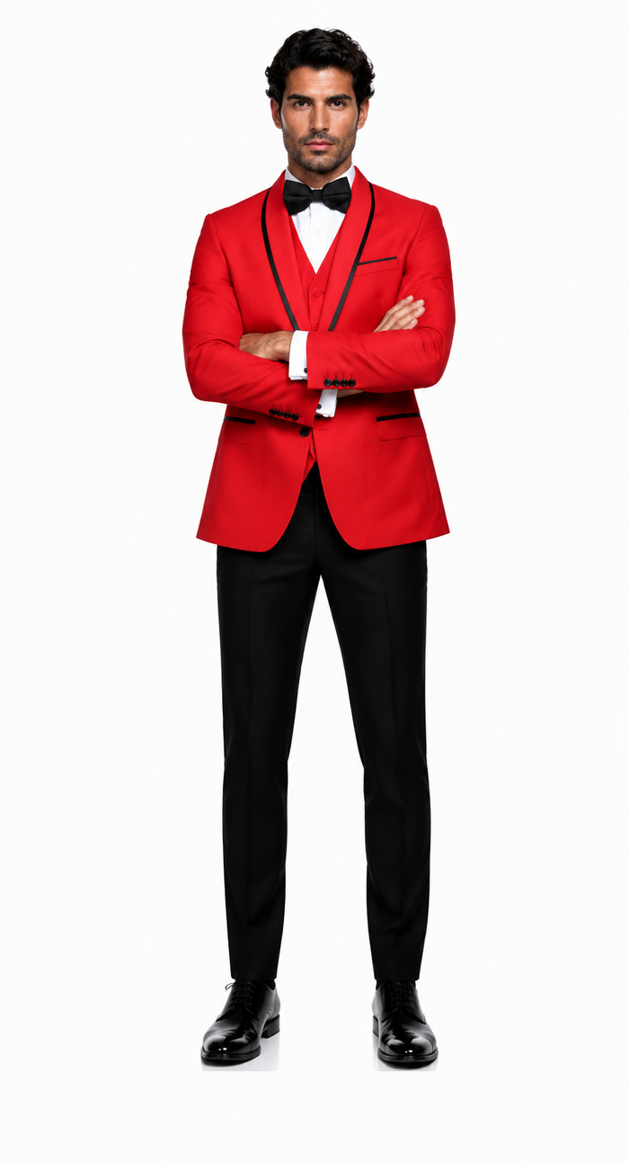 3-Piece Tailored Fit Wool Suit with Bow Tie and Flat Front Pants - Red