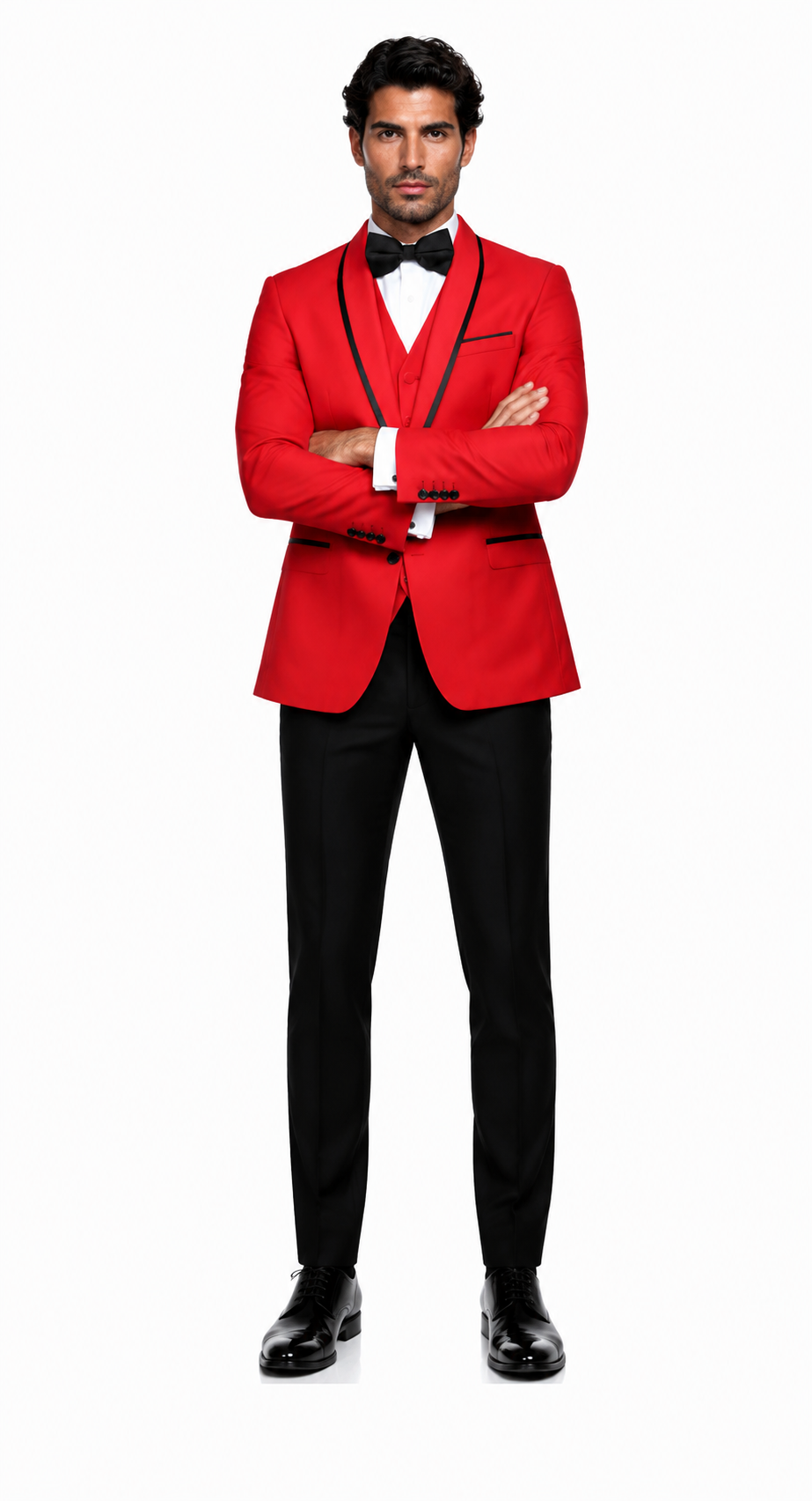 3-Piece Tailored Fit Wool Suit with Bow Tie and Flat Front Pants - Red