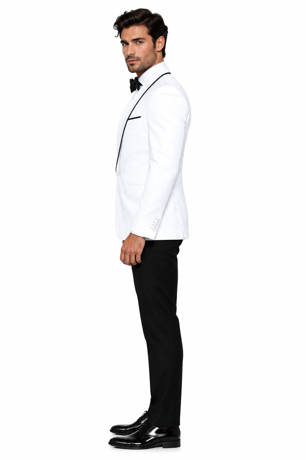 3-Piece Tailored Fit Wool Suit with Bow Tie and Flat Front Pants - White