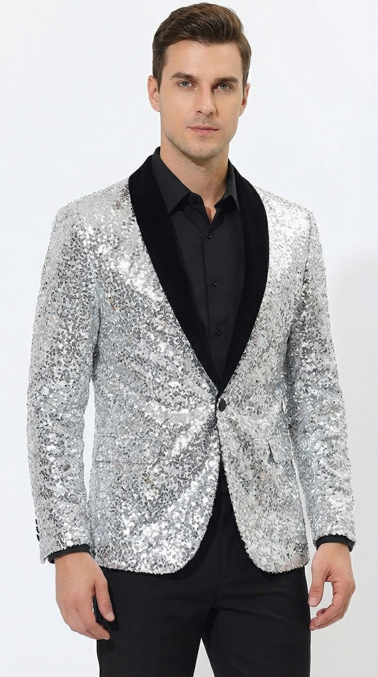 Men’s Silver Sequin Blazer Disco Style Jacket – Black Lapel Party Blazer, Shiny Evening Wear, 70s Dance Outfit, Formal Event Jacket - 34 Short