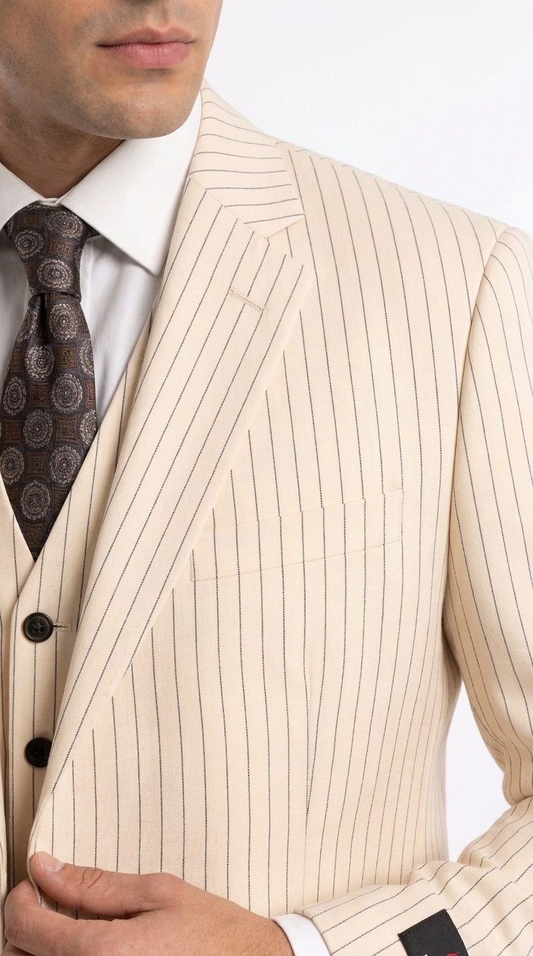 Men’s Ivory Cream Pinstripe Scarface Suit – Vintage Gangster Modern Fit 3-Piece Wedding Suit - 34 Short or Extra Small