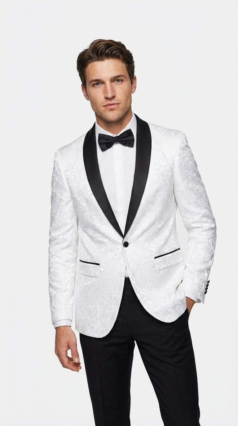 Men’s White Dinner Jacket Disco Blazer 1980s Sequin Style Jacket – Black Lapel Party Blazer, Formal Masquerade Club Wear Paisley Fabric + Bowtie - 34 Short