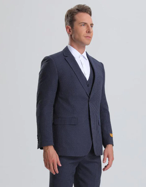 Best  Mens Vested Summer Seersucker Suit in Navy on Navy Pinstripe  - For Men  Fashion Perfect For Wedding or Prom 2026 or Business  or Church