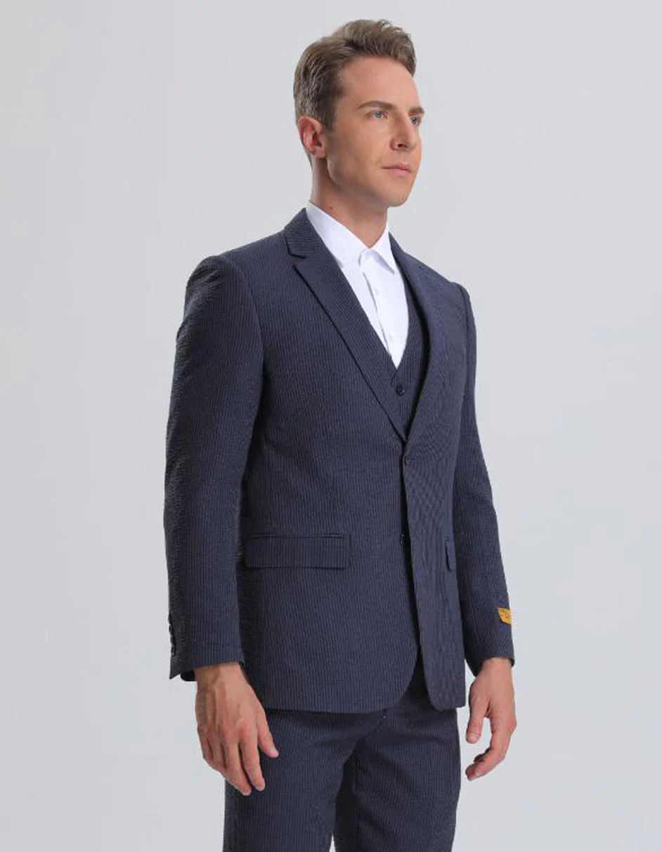 Best  Mens Vested Summer Seersucker Suit in Navy on Navy Pinstripe  - For Men  Fashion Perfect For Wedding or Prom or Business  or Church