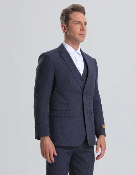 "Blue Seersucker Summer Suit - Men's 2 Button Vested | CLOSE OUT"