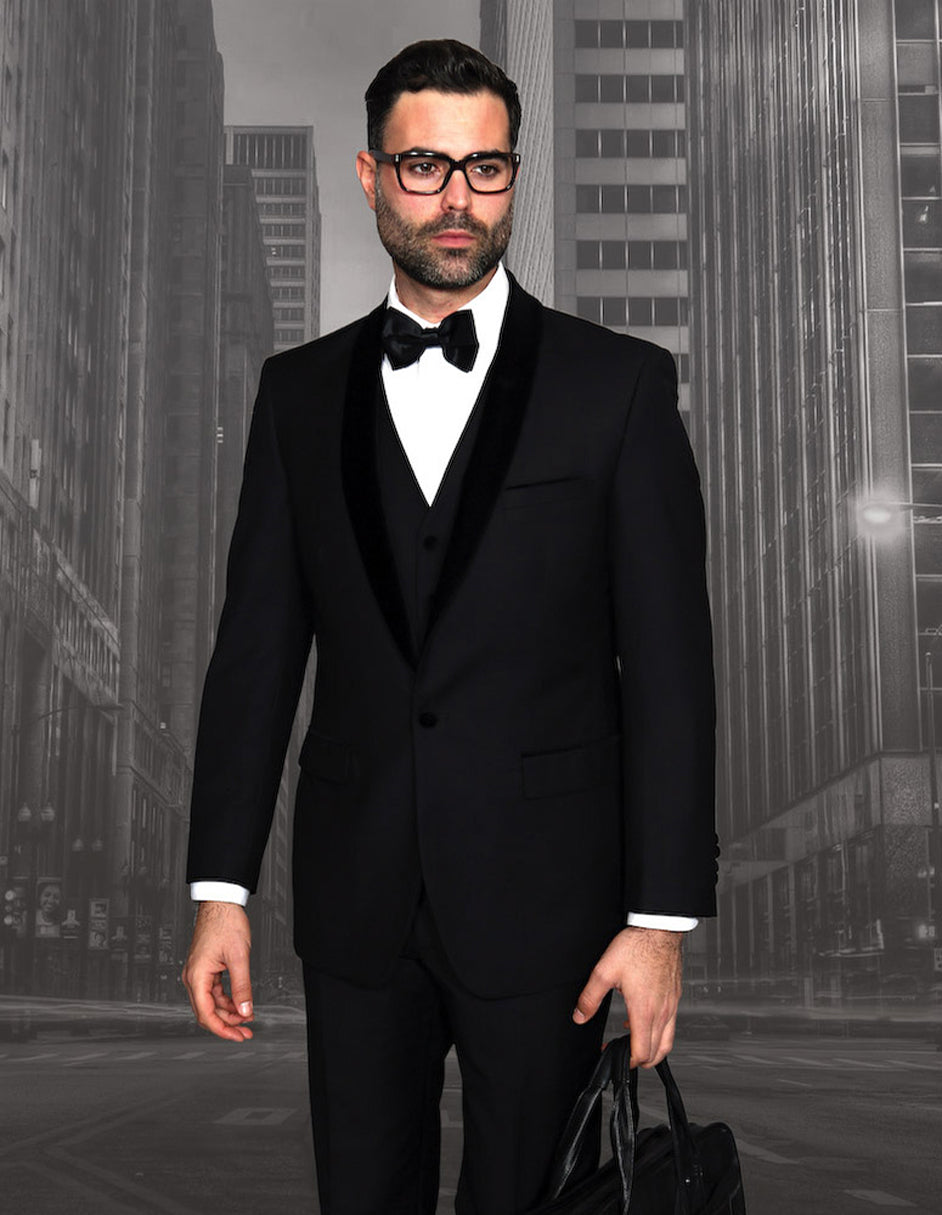Mens Vested Wool Tuxedo with Velvet Shawl Lapel in Black - 46 Regular