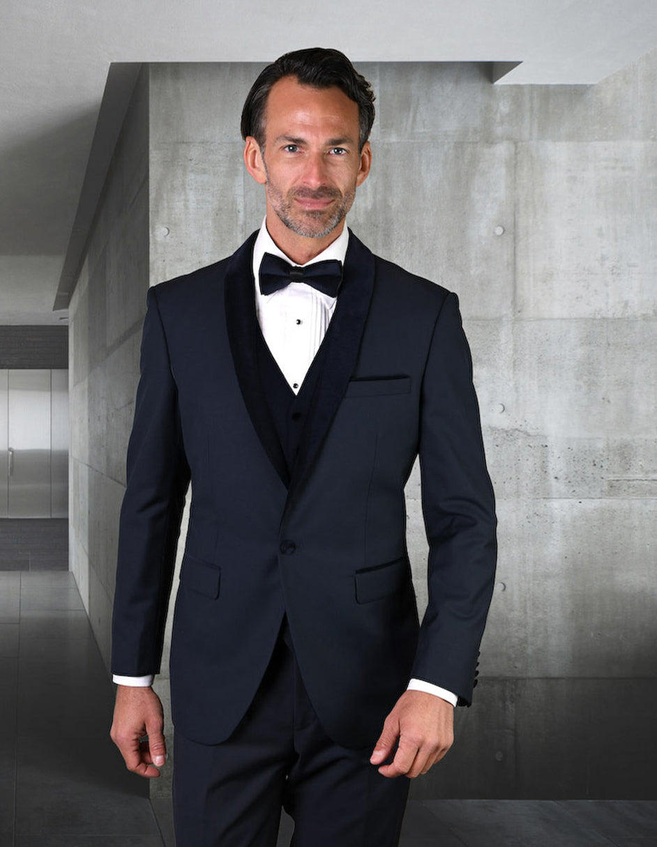 Mens Vested Wool Tuxedo with Velvet Shawl Lapel in Navy - 34 Short