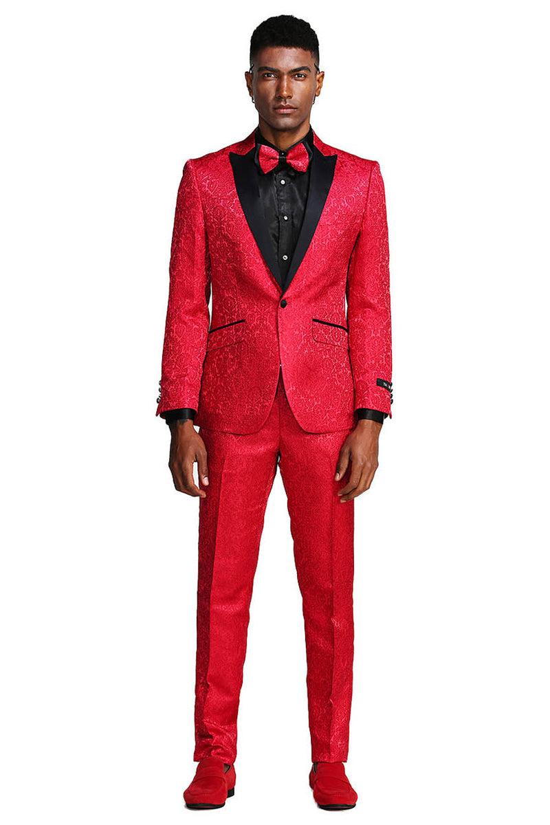 "Red Paisley Men's Slim Fit Tuxedo - One Button Wedding & Prom Suit"