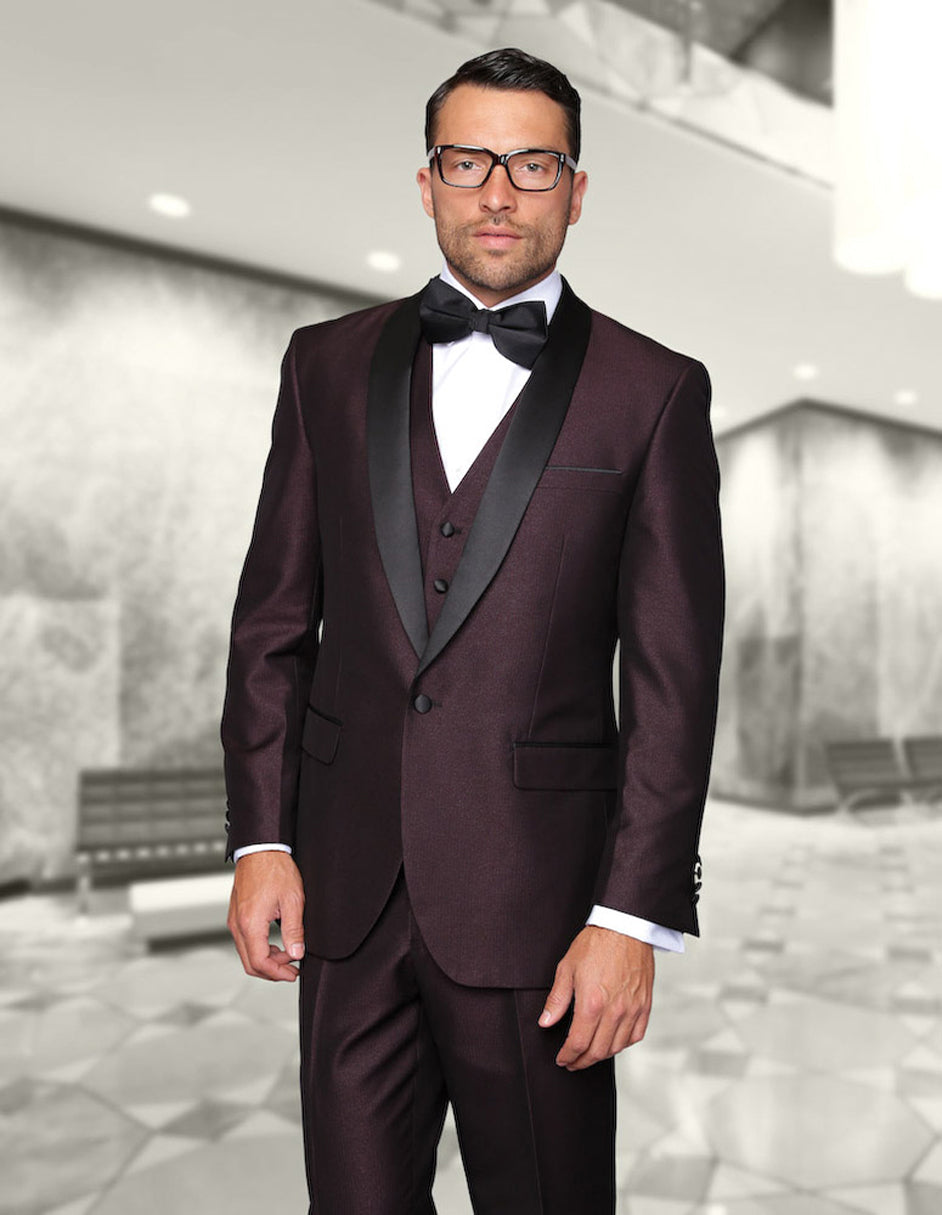 Mens Vested One Button Shiny Shawl Lapel Tuxedo in Burgundy - 36 Regular