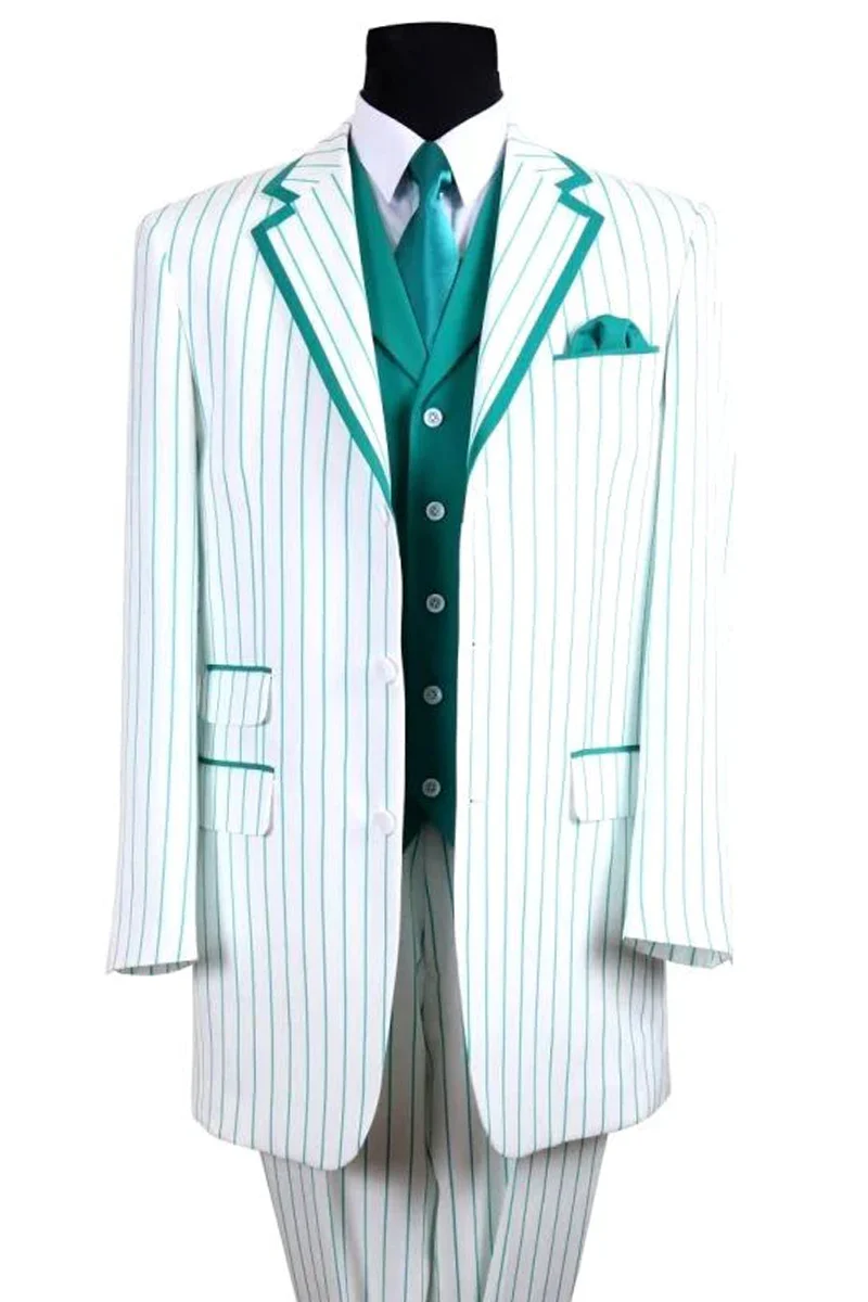 Candy Stripe Suit Mens 3 Button Vested Barbershop Quartet Suin in White with Turquoise Pinstripes - 34 Short or Extra Small