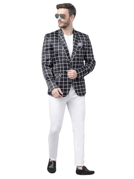 Black and Bold White Plaid Blazer - Mens Black Sport Coat - 36 Short