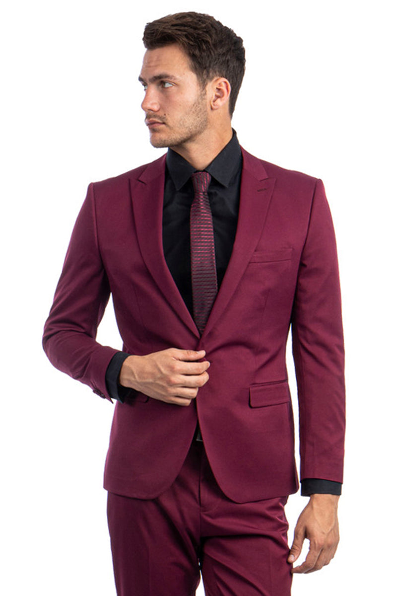 "Burgundy Slim Fit Suit for Men - One Button Peak Lapel Basic" - 34 Short