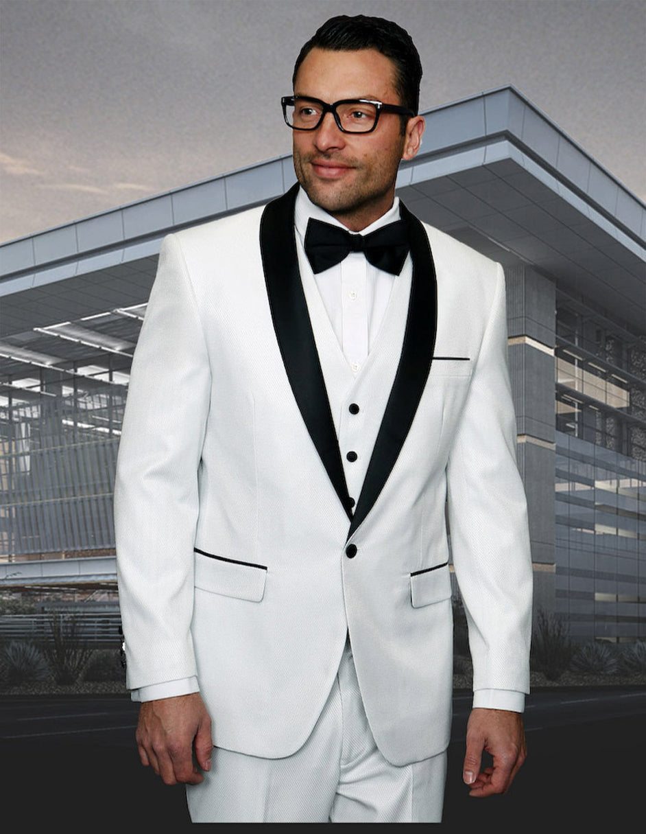 Mens Vested One Button Shiny Sharkskin Shawl Lapel Tuxedo in White - 36 Short