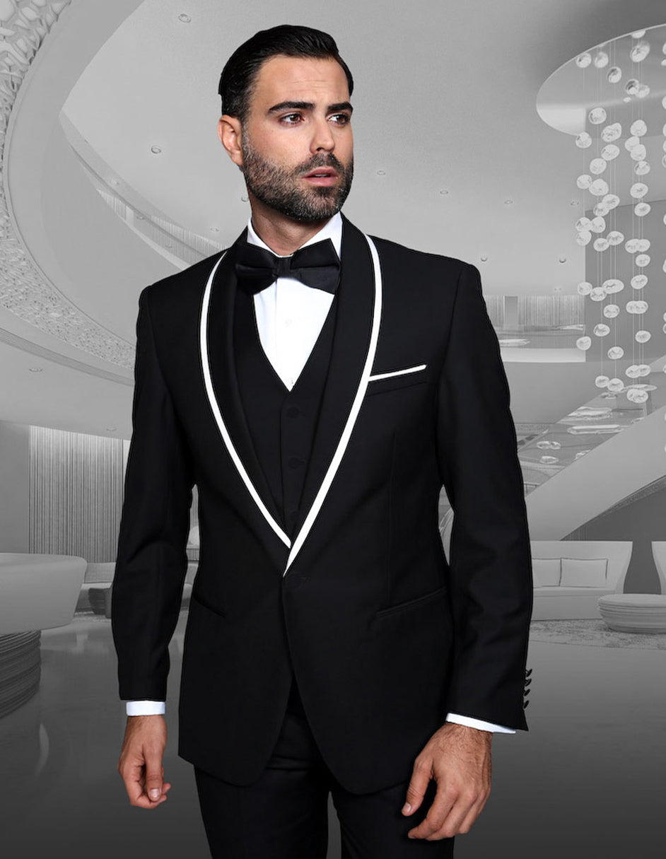 Mens Vested Wool Tuxedo in Shawl Lapel with Satin Trim in Black - 36 Short