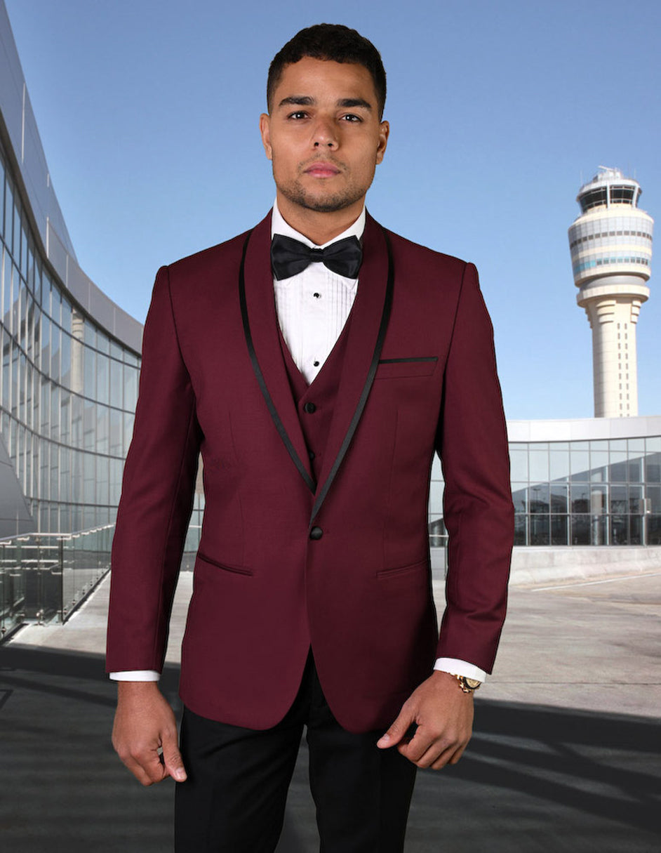 Mens Vested Wool Tuxedo in Shawl Lapel with Satin Trim in Burgundy & Black - 44 Short