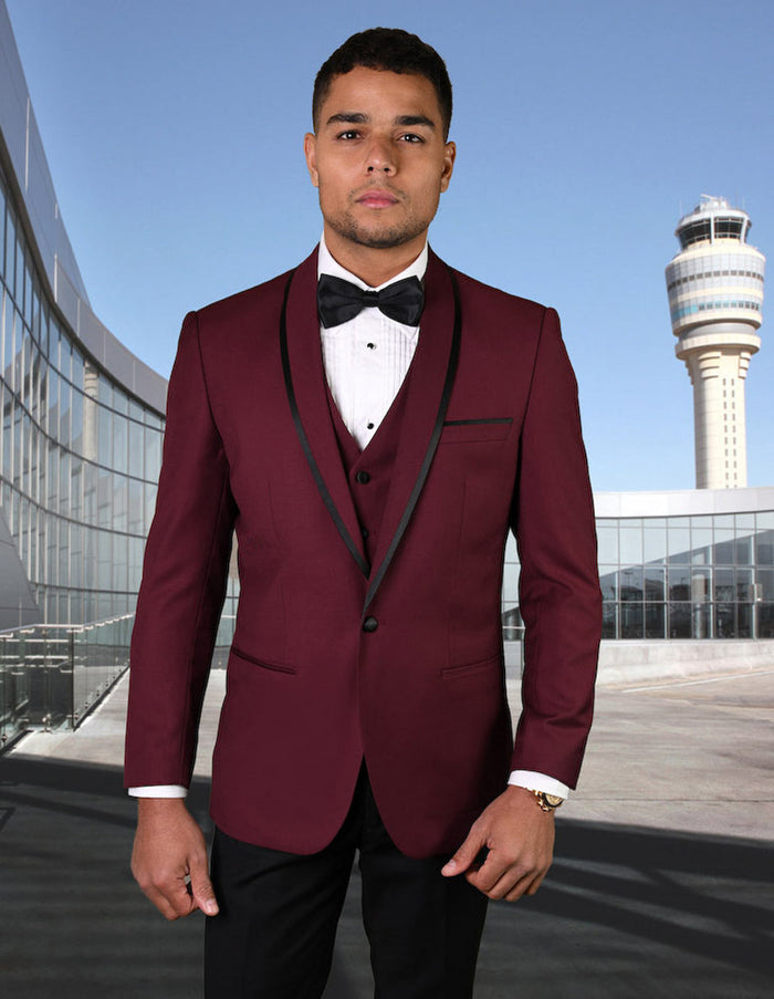 Mens Vested Wool Tuxedo in Shawl Lapel with Satin Trim in Burgundy & Black