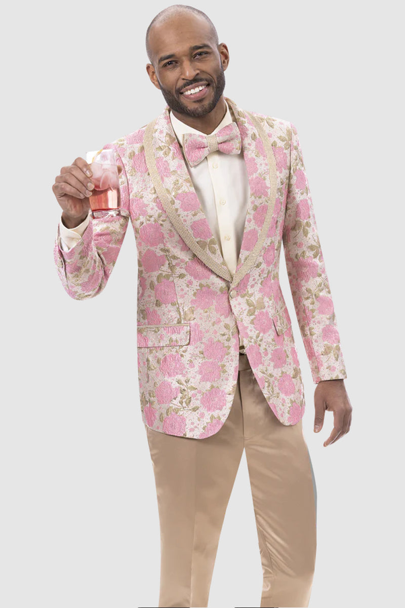 "Paisley Floral Men's Tuxedo Jacket in Pink & Gold for Prom Party"