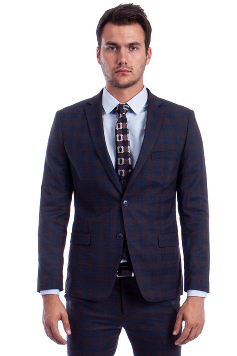 "Men's Skinny Fit Two Button Plaid Suit with Low Cut Vest - Blue & Brown"