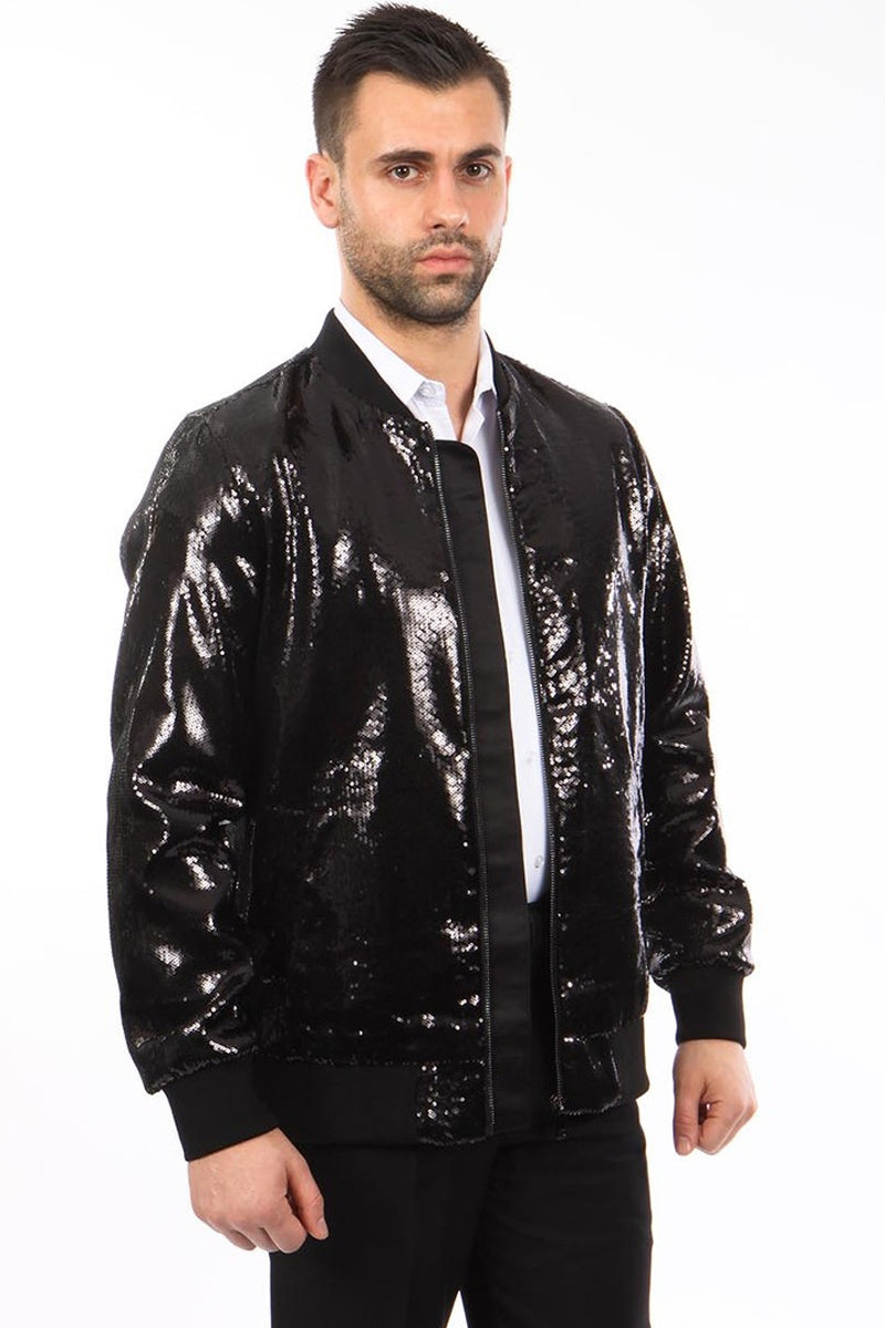 "Men's Black Sequin Bomber Jacket - Shiny Party Wear"
