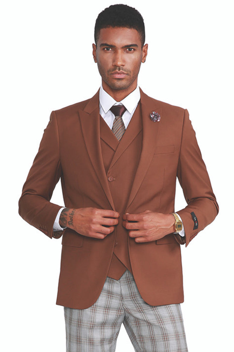 "Men's Peak Lapel Suit - One Button Vested, Dark Camel & Grey Plaid"