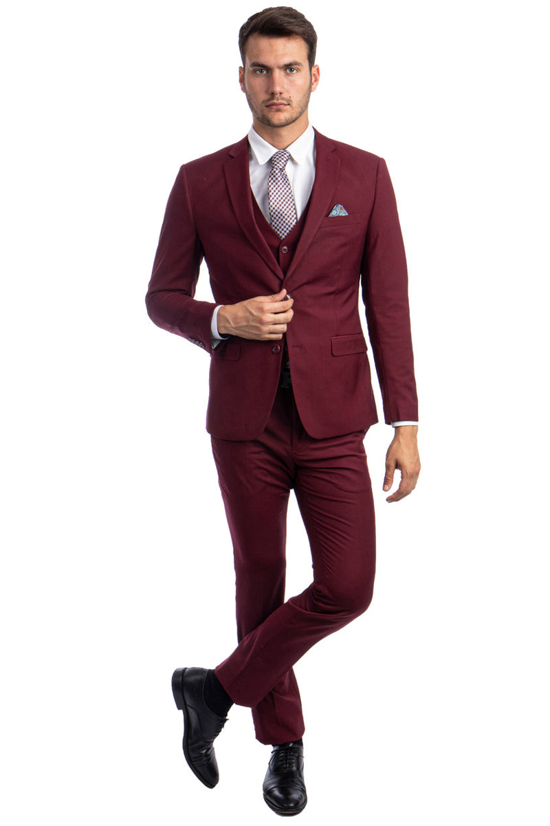 "Burgundy Men's Slim Fit Two Button Vested Suit - Solid Basic Color"