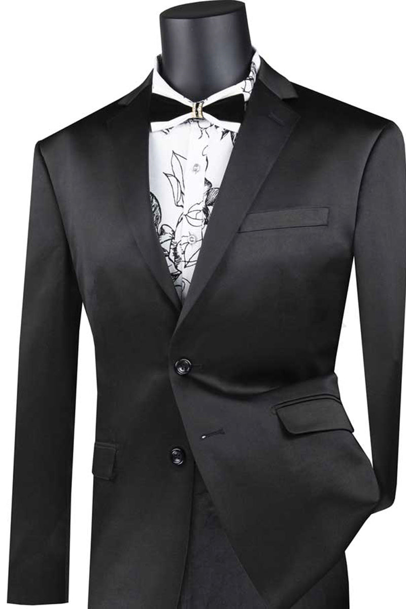 Mens Ultra Slim Fit Strech Sateen Shiny Sharskin Suit in Black - 36 Short