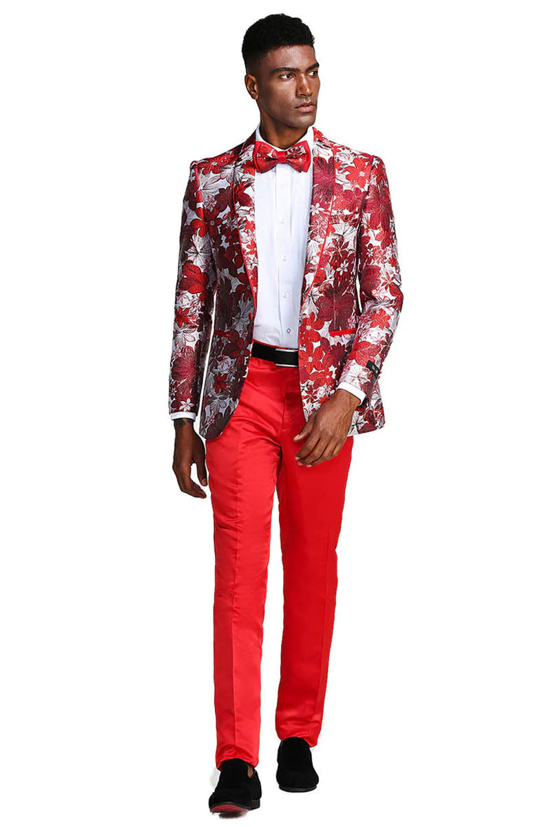 "PAISLEY PROM TUXEDO JACKET - MEN'S SLIM FIT IN RED & SILVER"