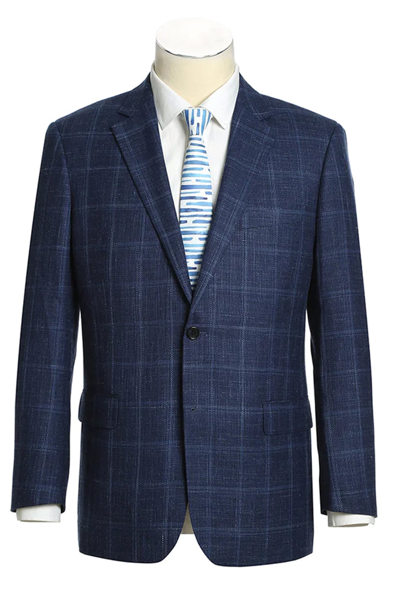 "Classic Fit Wool Blazer - Men's Two Button Navy Blue Windowpane Plaid Sport Coat"