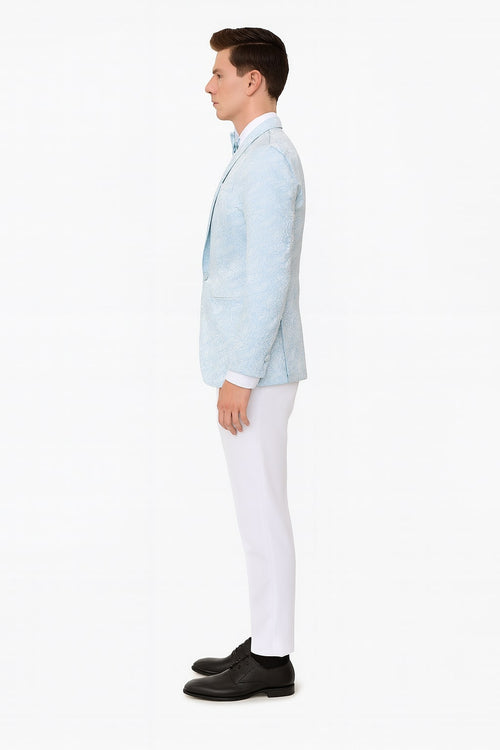 Mens Light Blue Paisley Tuxedo Jacket with Matching Bow Tie Slim Fit Blazer for Weddings, Prom, and Formal Events