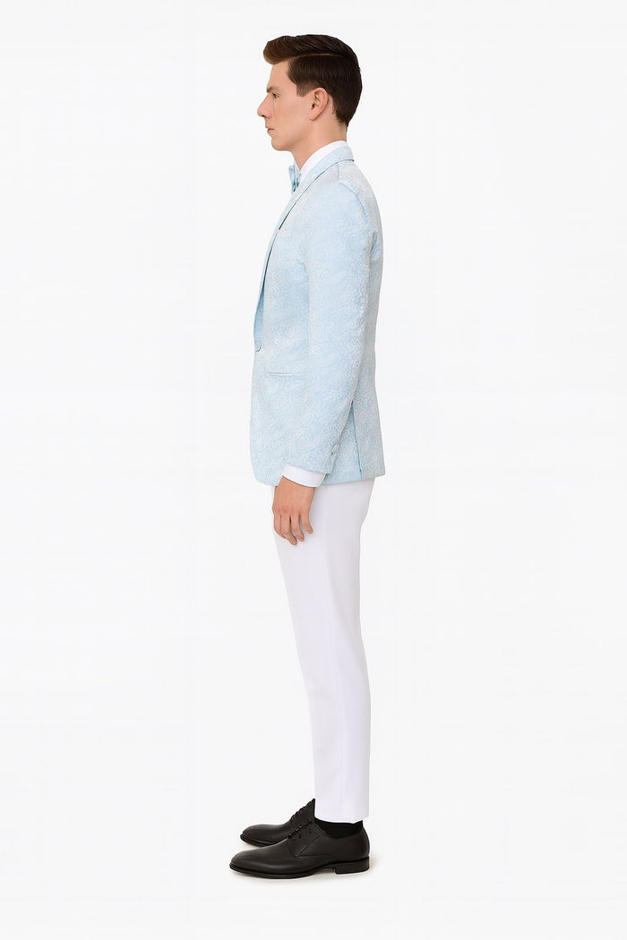 Mens Light Blue Paisley Tuxedo Jacket with Matching Bow Tie Slim Fit Blazer for Weddings, Prom, and Formal Events